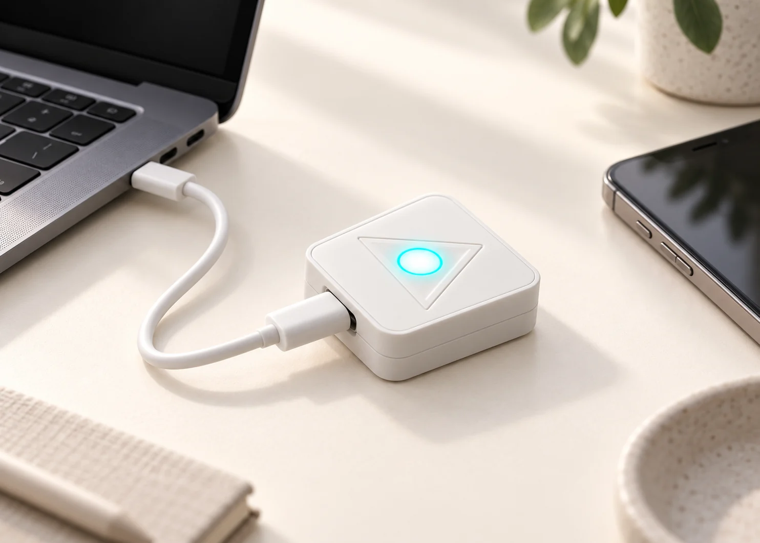 White TriPylon Touch connected by USB to a laptop, with a phone nearby