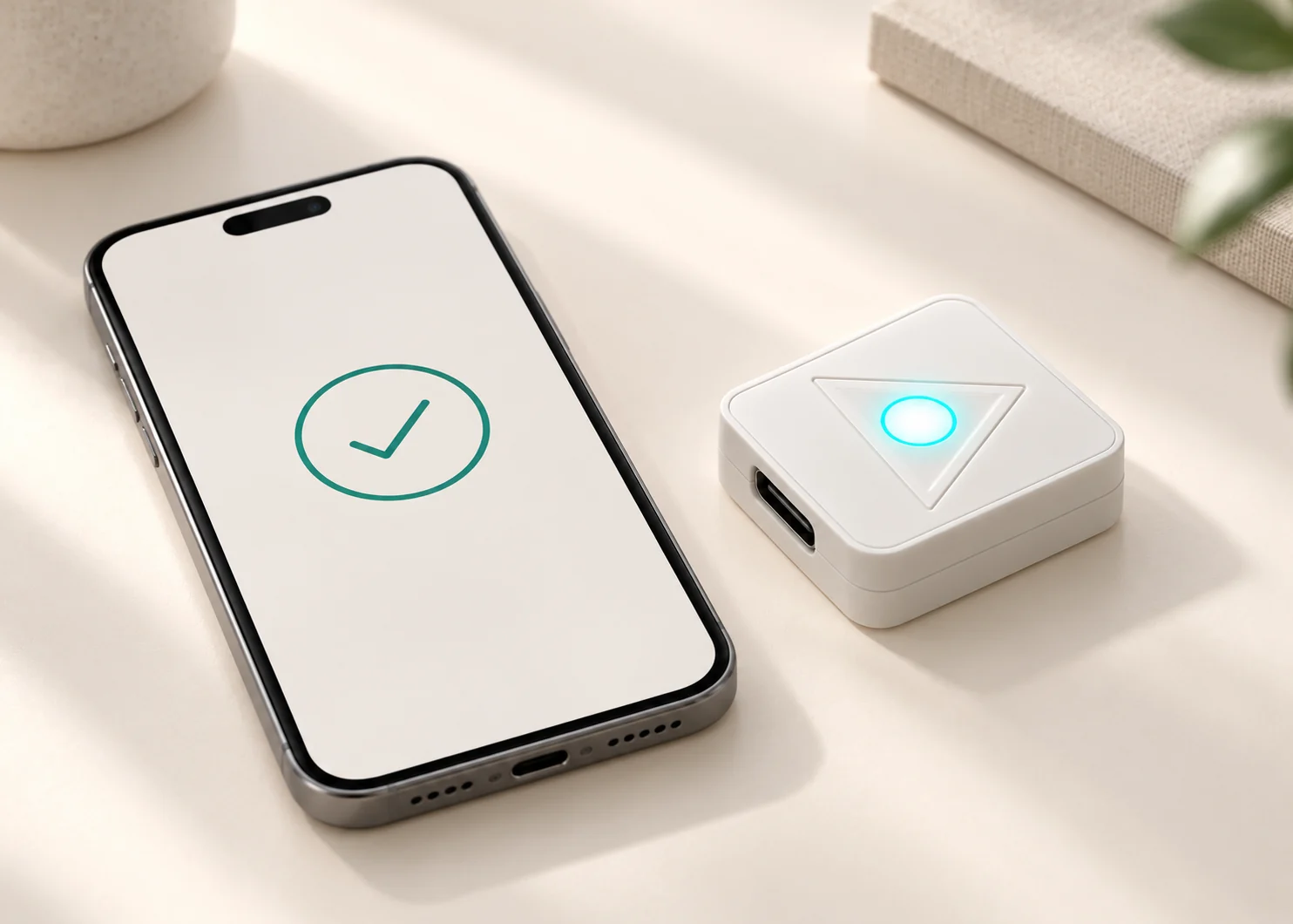 Concept scene of TriPylon Touch beside a phone with a simple confirmation symbol